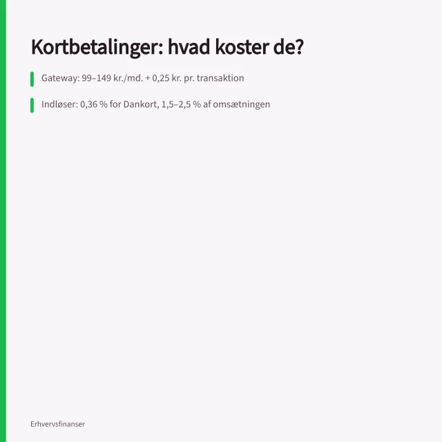 Kortbetalinger: hvad koster de?: Gateway: 99–149 kr./md. + 0,25 kr. pr. transaktion; Indløser: 0,36 % for Dankort, 1,5–2,5 % af omsætningen; MobilePay: 1 kr. pr. transaktion, Klarna/ViaBill: 2–3,5 % af ordreværdien. Hvad koster kortbetalinger for en dansk webshop?