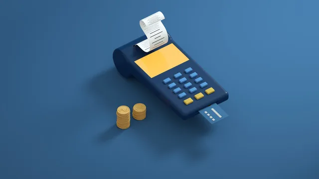 Blue payment terminal with receipt and gold coins on a blue background, symbolizing modern transactions. Hvilke krav stiller betalingsformidlere til fakturabetalinger?
