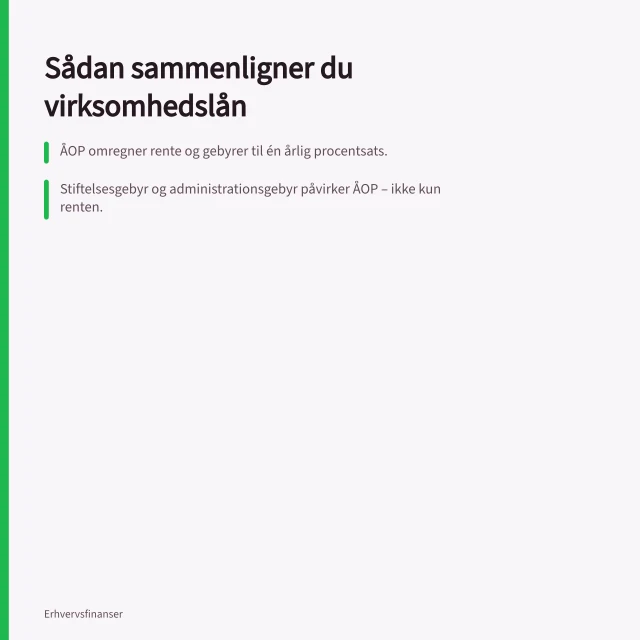 Sådan sammenligner du virksomhedslån: ÅOP omregner rente og gebyrer til én årlig procentsats.; Stiftelsesgebyr og administrationsgebyr påvirker ÅOP – ikke kun renten.; Sammenlign altid samme lånebeløb, løbetid og total tilbagebetaling i kr. Sådan sammenligner du ÅOP og gebyrer på virksomhedslån